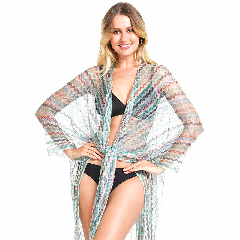 Colorful Slit Beach Towel Ethnic Style Shawl For Women Transparent Tassels Breathable And Sunscreen Beach Long Vacation Shawl