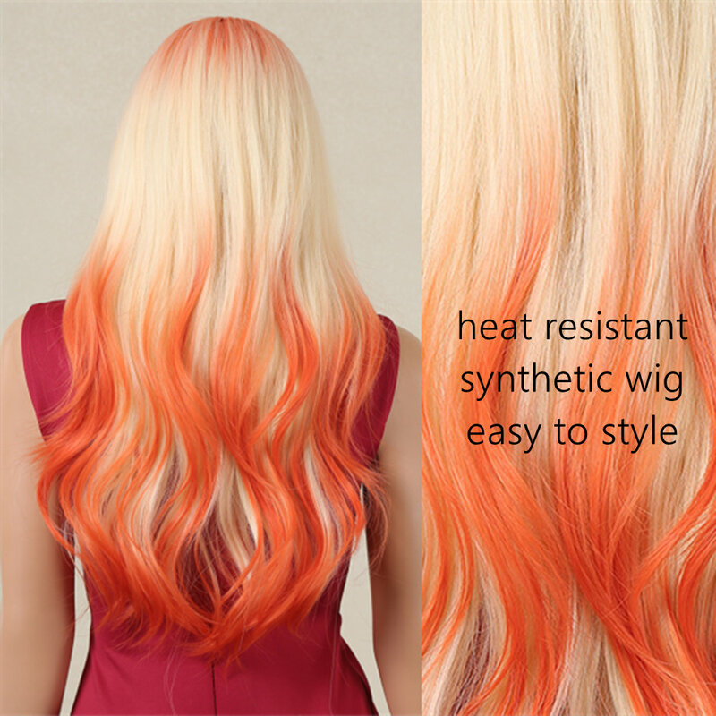 Pirang ke oranye berombak Wig sintetis Ombre panjang warna-warni pesta Wig Cosplay untuk wanita menggunakan rambut suhu tinggi Wig kepadatan tinggi
