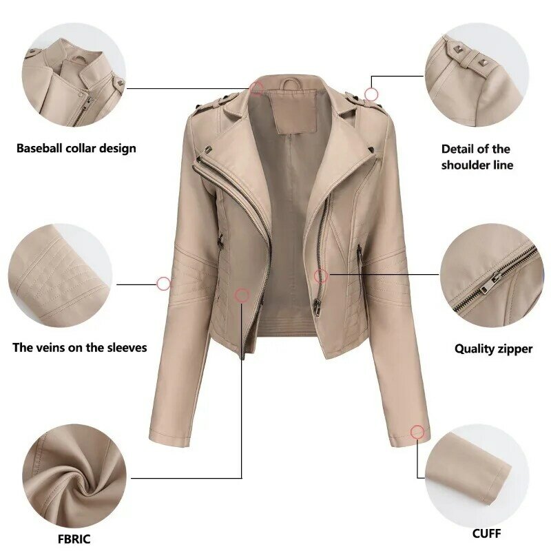 New Slim Fit Spring Autumn Leather Coat Women Rivets Europe and America Popular Short Outwear Fashionable Zipper Leather Jacket