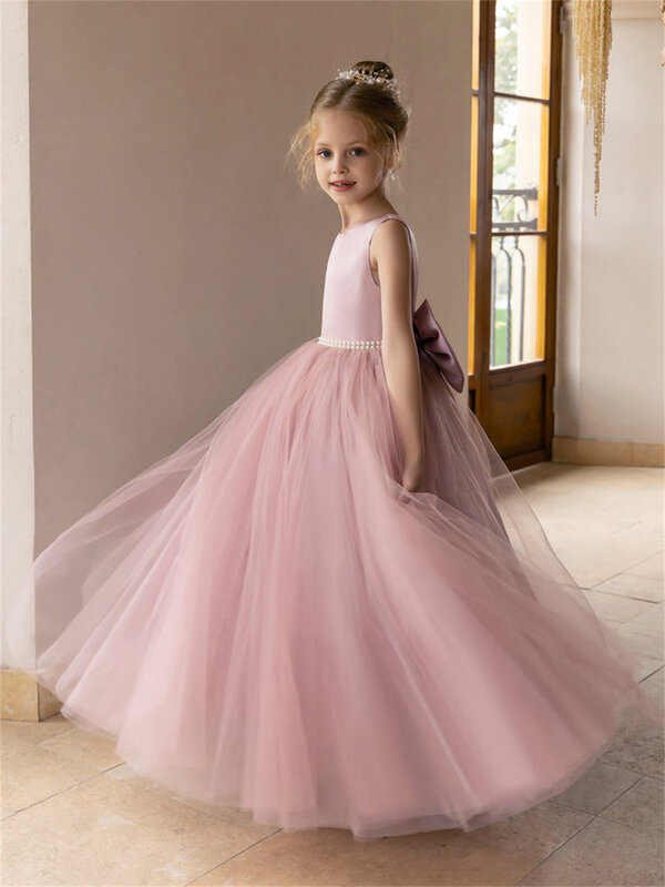Crew Satin Tulle Pearl Flower Bow-Knot Girls' Dress Off-the-Shoulder Sleeveless Backless A-Line Floor-Length Formal Party Dress