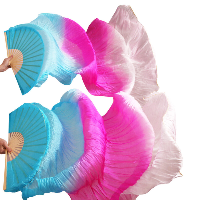 Belly Dance Fan 100% Real Silk Veils 1pc Left hand+1pc right hand Bamboo Handmade Dyed color Performance Practice Dancing Fans