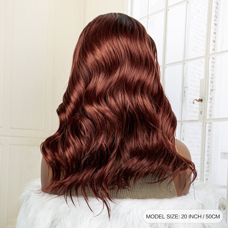 Peruca ondulada curta gradiente sintética, Lace Front, peruca marrom avermelhada, 13x3