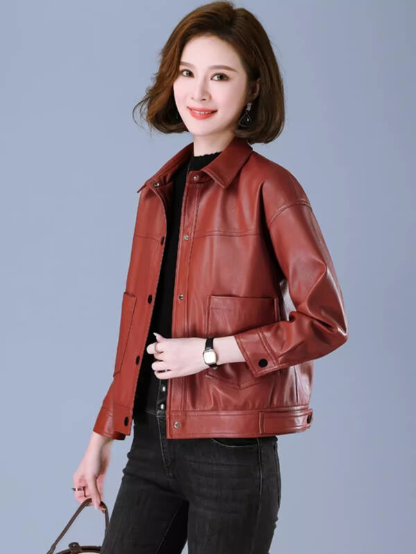 Nouveau blouson en cuir Moto Biker pour femmes décontractées Mode Manteau en peau de mouton à col rabattu et simple boutonnage Manteau en cuir fendu taille plus