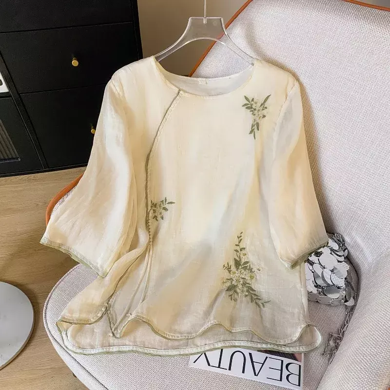 Katoenen Linnen Chinese Stijl Dames Shirt Zomer Borduurwerk Vintage Blouses Losse Vrouwen Top O-hals Kleding
