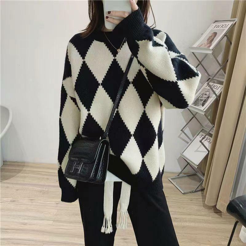 Autumn Winter Fashion Woman Solid Casual Pullover Women Loose Warm Sweater Knitted Top Soft Plaid Retro Preppy Style Lively J76