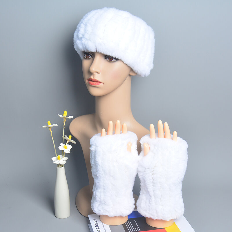 Un conjunto de puños de piel de conejo Rex Real para mujer + diadema, gorro cálido de invierno, guantes de manga de muñeca para brazo, gorro de piel Real para mujer + pulsera elástica