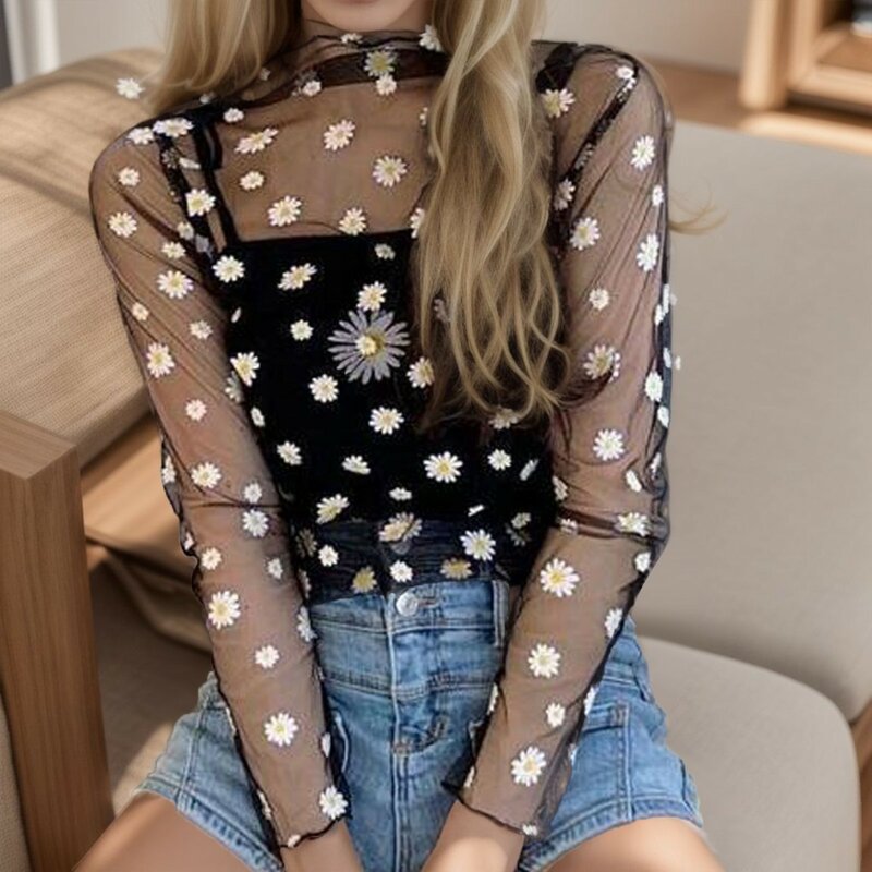 Sexy Women Transparent Mesh Tops Lace Long Sleeve Sheer Slim Ladies Turtleneck Floral Daisy T-Shirts See Through Tees 2023
