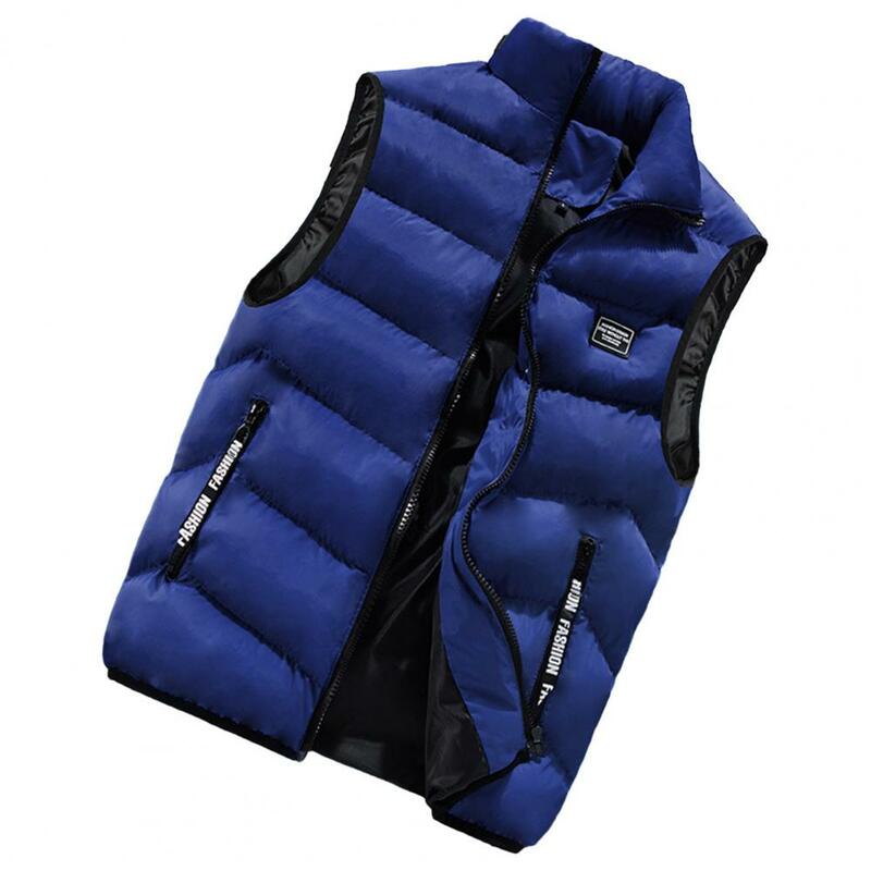 Men Winter Vest Stand Collar Thickened Padded Soft Windproof Warm Neck Protection Sleeveless Zipper Pockets Men Down Waistcoat