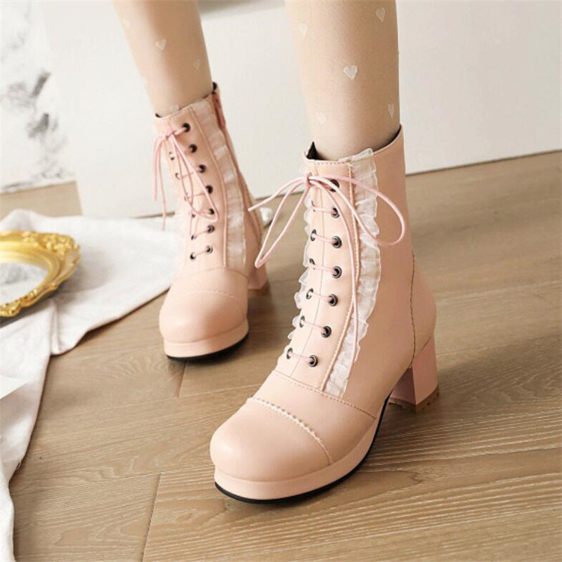 Size30-43 Girls Boots Women Chunky Platform Ankle Boots Lolita High Heel Lace Up Boots Sweet Side Zipper Princess Cosplay Shoes