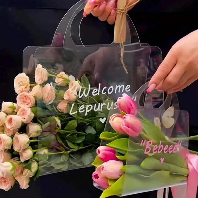 1Pc Transparent PET Fresh Flower Bouquet Handbag Flowers Wrapping Handbag Festivals Party Rose Package Portable Packing Bag