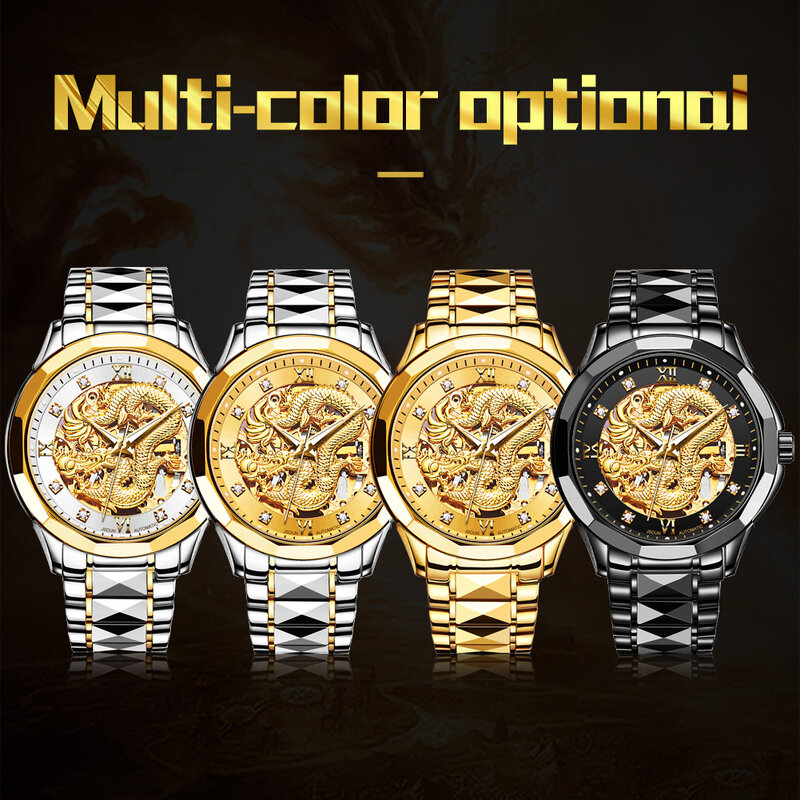 JSDUN Gold Dragon Watch for Men Luxury Brand Automatic Mechanical Watch Stainless Steel Strap Hollow-carved Man Clock Gift 8840