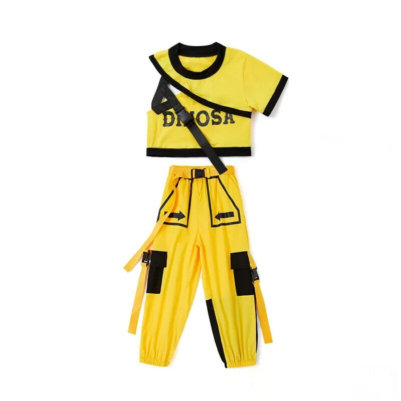 Kpop Kip Hop Dance Traje infantil, preto, amarelo, top crop de um ombro, camiseta, alças, calça jogger de carga casual para menina, roupas de jazz