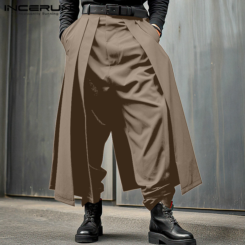 INCERUN Men Irregular Pants Solid Color Joggers Loose Button Pleated Casual Wide Leg Trousers Men Streetwear 2024 Fashion Pants