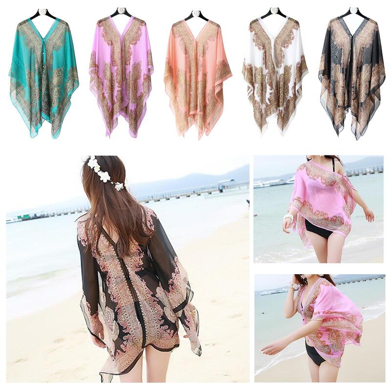 Fashion Women Clothes Summer Beach Bikini Cover Up Loose Chiffon Blouse Shawl Scarf with Buttons
