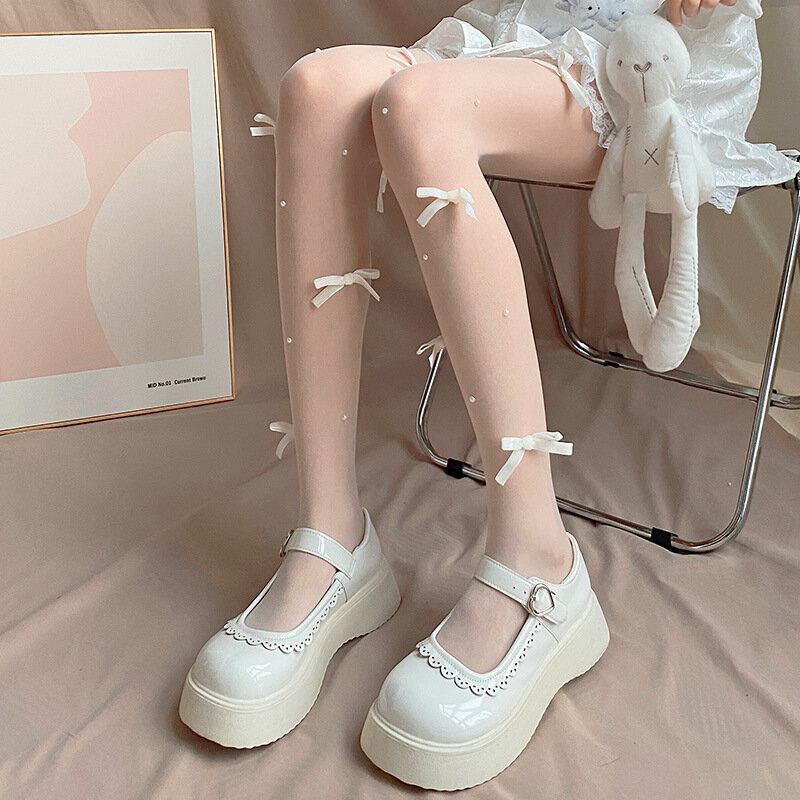 جوارب طويلة زهرية المخمل بفيونكة وتطريز باللؤلؤ، جوارب شبكية جسدية مثيرة ثلاثية الأبعاد للفتيات الأنيقات، جوارب نايلون على الطراز الياباني لوليتا