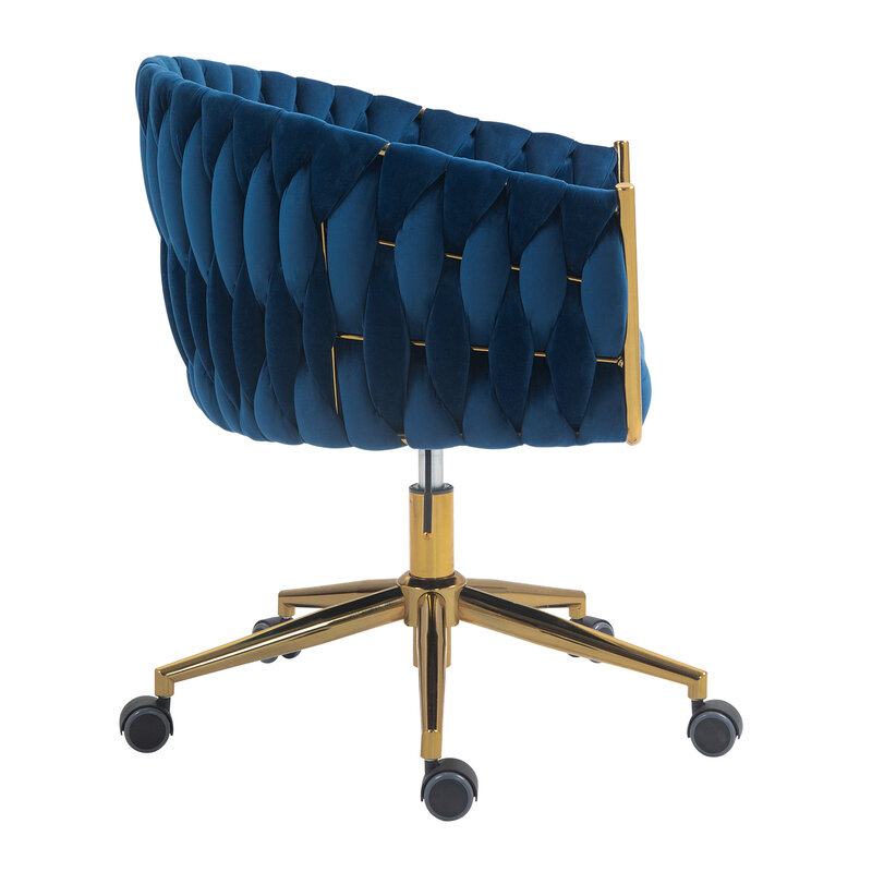 Blue Height Adjustable Modern Design Handmade Woven Backrest Office Chair with Wheels, 360° Swivel for Bedroom and Living Room