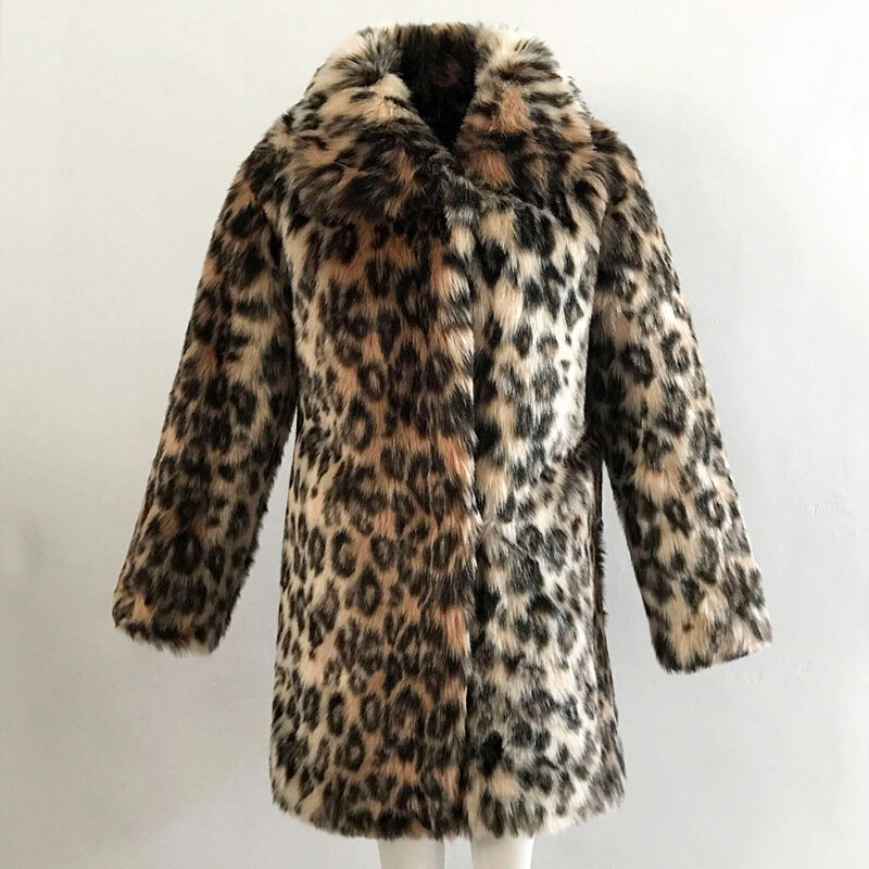 Casaco longo de pele sintética feminino, casaco fofo quente e solto de leopardo, tendência de inverno ecológico, sobretudo de pele artificial, 2023
