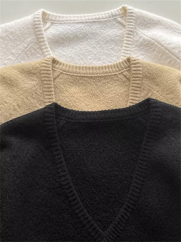 Suéter de malha de lã feminino, jumper decote v, monocromático, casual, solto, início do outono