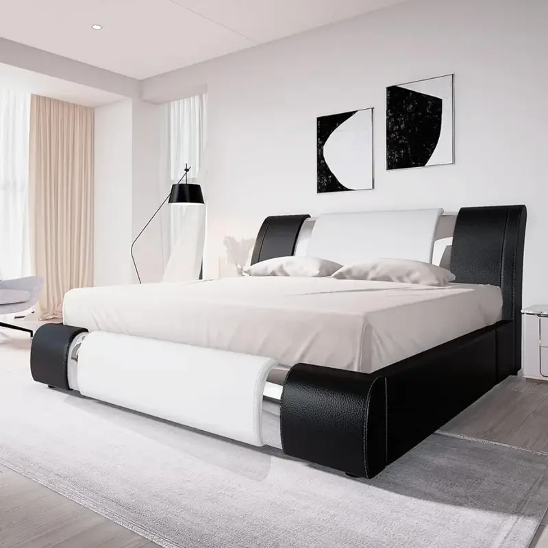 Marco de cama con embellecedor de placa de hierro, plataforma tapizada de piel sintética, cabecero ajustable y listones de madera resistentes