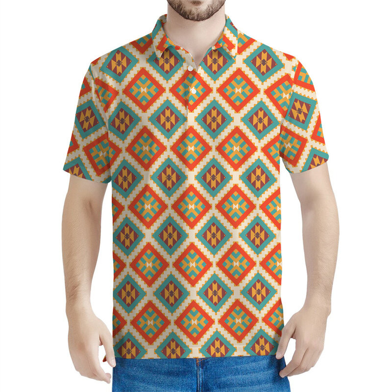 Vintage Navajo Patroon Poloshirt Voor Heren 3d Geometrische T-Shirt Streetwear Oversized Korte Mouw Top Revers T-Shirts