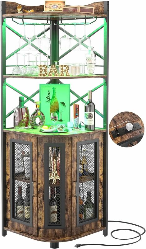 Armoire de bar d'angle avec prise de courant, cave à vin industrielle avec bande LED et porte-verre, unité de bar française à 5 niveaux pour la maison