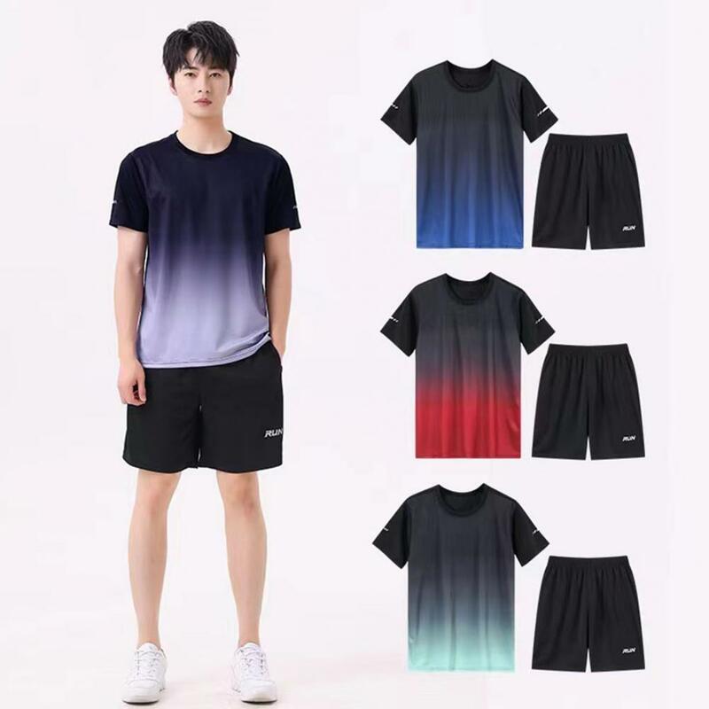 Ice Silk Casual Outfit Men's Casual Sport Outfit Set with O-neck Short Sleeve Tops Elastic Waistband Wide Leg Shorts Ice Silk