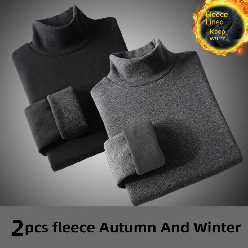 Roupa interior térmica para homens, camisa de lã, tops esportivos Thermo, pulôver confortável, gola alta, manter aquecido, básico, outono, 2 peças
