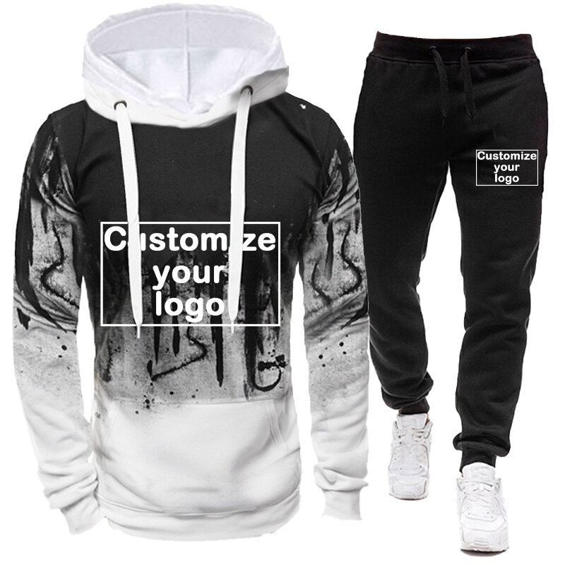 2024 Customized men's fashion camouflage splashed ink pullover hoodie and sports pants customize your logo jogging set