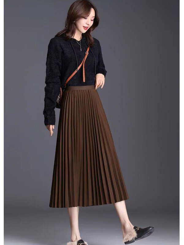 Saia de lã plissada midi de cintura alta feminina, terno casual linha A, feminina elegante saia de guarda-chuva vintage, nova moda, primavera