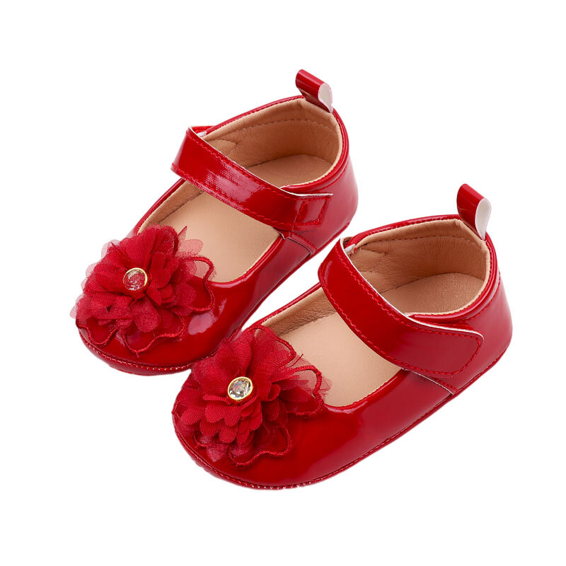 Zapatos planos de PU para bebé niña, calzado de cuna para primeros pasos, con flores, para fiesta, Festival, Baby Shower