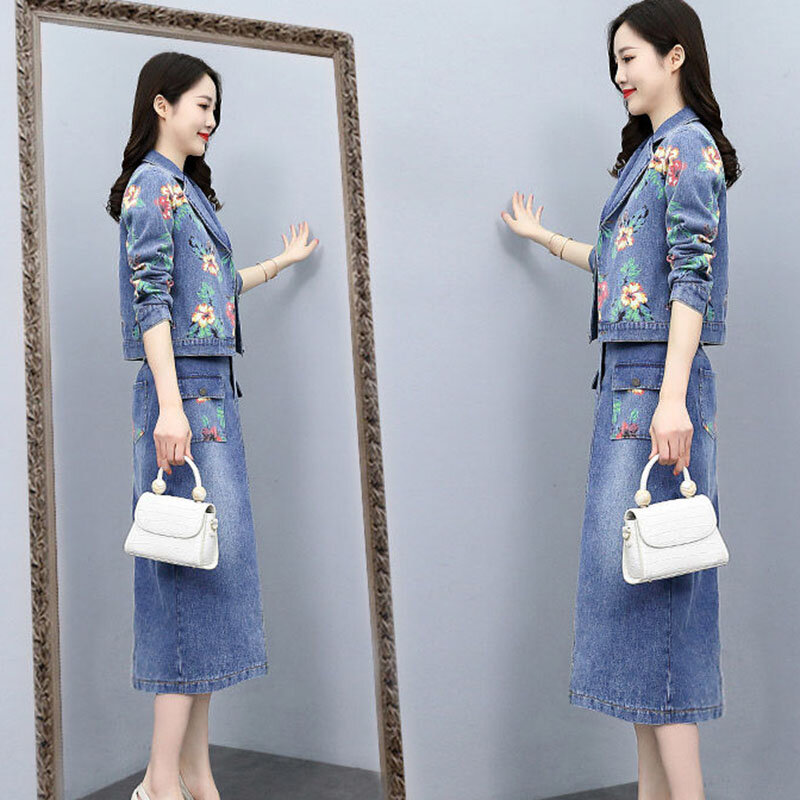 แฟชั่น Denim กระโปรงยาวแขนยาวผู้หญิงฤดูใบไม้ผลิใหม่เกาหลีรุ่น Slim พิมพ์กลางความยาวกระโปรง2ชิ้น