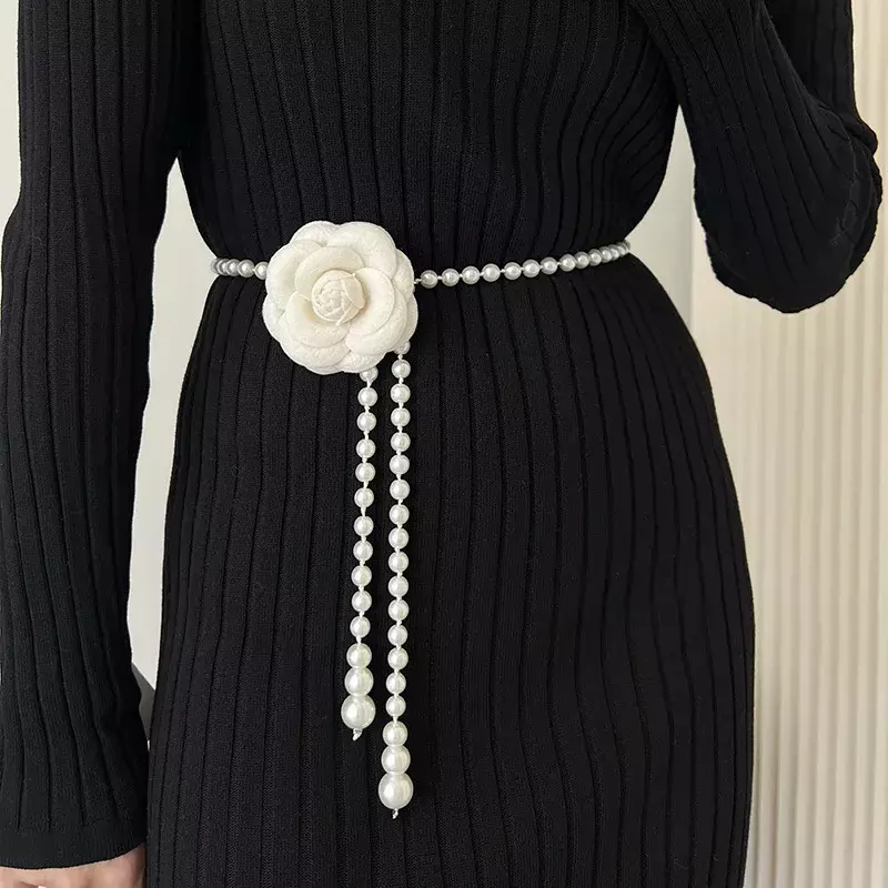 Accesorios de cadena de cintura de Camelia, cinturón de perlas de flores fragantes pequeñas, falda decorativa, suéter, cadena de cintura elegante, nuevo