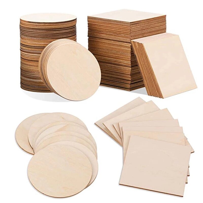 NEW-50Pcs Wood Slices 4X4inch Unfinished Wood Pieces Square And Round Wooden For DIY Coaster Arts Painting Staining Crafts