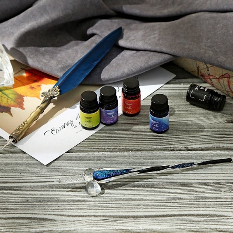 Kaligrafi Quill pena celup bulu, Kit pena celup kaca dengan 5 tinta warna untuk pemula untuk murid