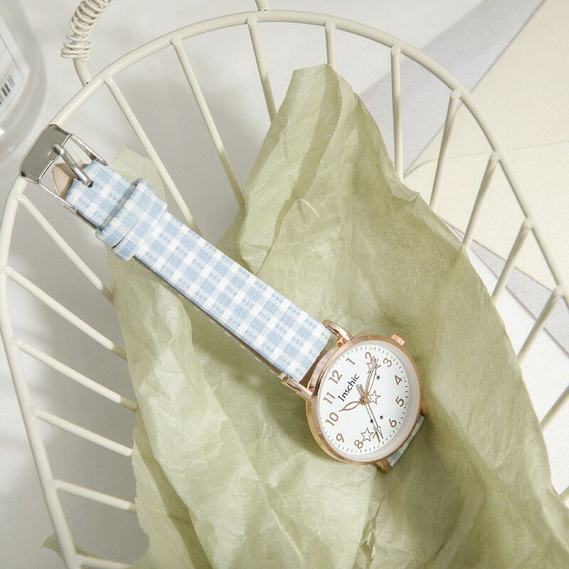 Nowość moda damski zegarek w krate skórzany pasek gwiazda dziewczęcy zegarek na prezent
