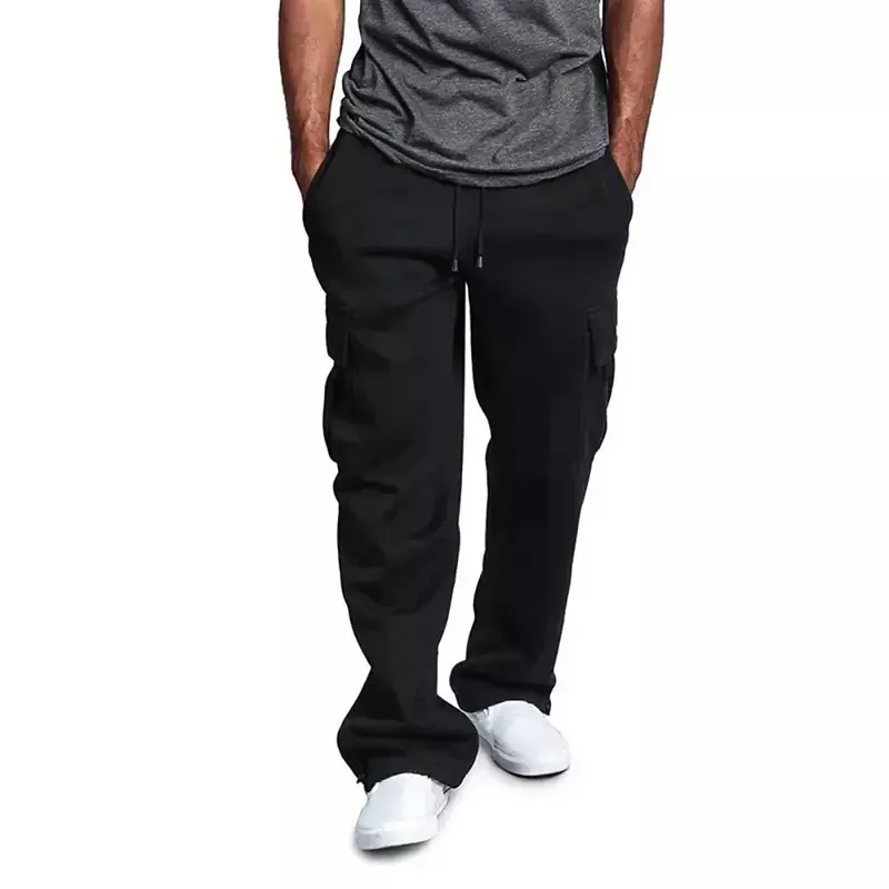 Men's Fleece Sweatpants Solid Color Multi-pocket Cargo Pants Loose Casual Straight-leg Overalls Male Streetwear Sportwear Pants
