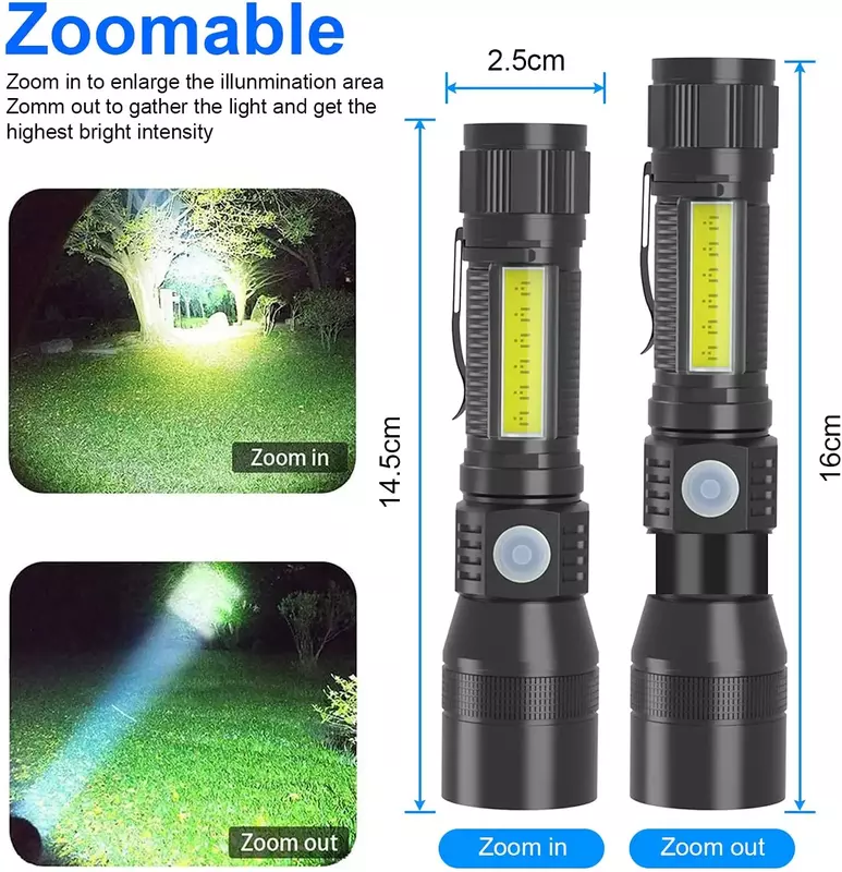 Linterna LED recargable por USB, luz negra UV + Blanca, potente linterna con zoom con imán, a prueba de agua, para acampar al aire libre