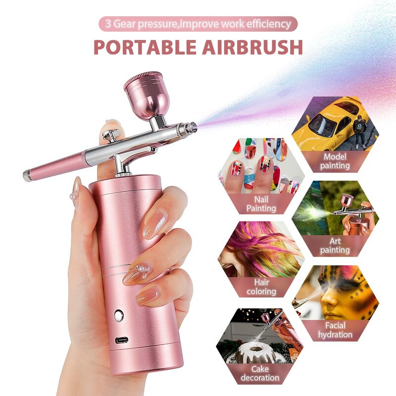 Kit Mini Compressor de Ar rosa, pistola de pintura Air-Brush, Airbrush para Nail Art, Artesanato do tatuagem, Bolo Nano Nevoeiro Pulverizador de névoa, Top 0.3mm