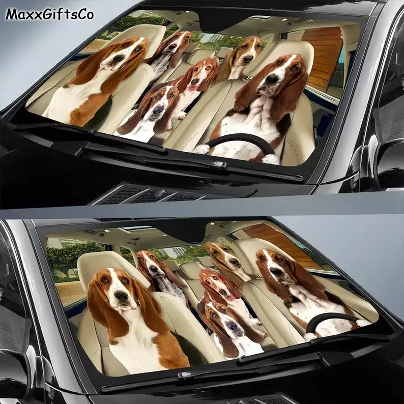Samochodowa osłona przeciwsłoneczna Basset Hound, przednia szyba Basset Hound, osłona przeciwsłoneczna dla rodziny psów, akcesoria samochodowe dla psów, dekoracja samochodu, prezent dla taty