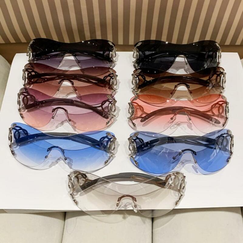 Klassnum kacamata Hitam tanpa bingkai Y2k ผู้หญิงเลนส์ไล่ระดับสีมีสไตล์เฉดสีกลางแจ้งอินเทรนด์ดีไซน์แบรนด์สุดหรูกรอบโลหะแว่นตา