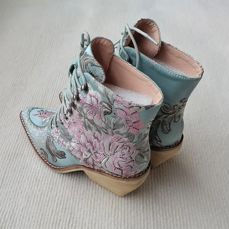 Bota de tornozelo bordada estilo chinês para mulheres, sapatos florais, azul, plus size, 22-26,5 cm, 4 cores