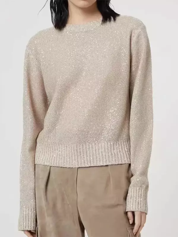 Damski dziergany sweter 2024 nowe mieszanki lnu cekiny jednolity kolor swobodny sweter z długim rękawem