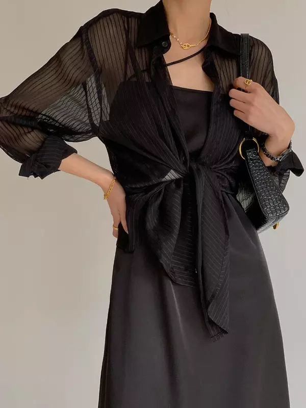 Chemisier noir à rayures transparentes pour femmes, chemises à simple boutonnage, mince, décontracté, mode coréenne, été, sexy