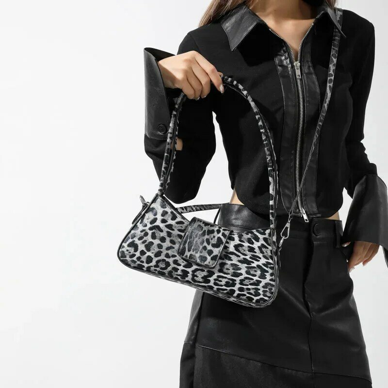 Baguette Bag PU Leather Underarm Bag for Women Leopard Print Handbags Flapbag Female Vintage Crossbody Bags Single Shoulder Bag
