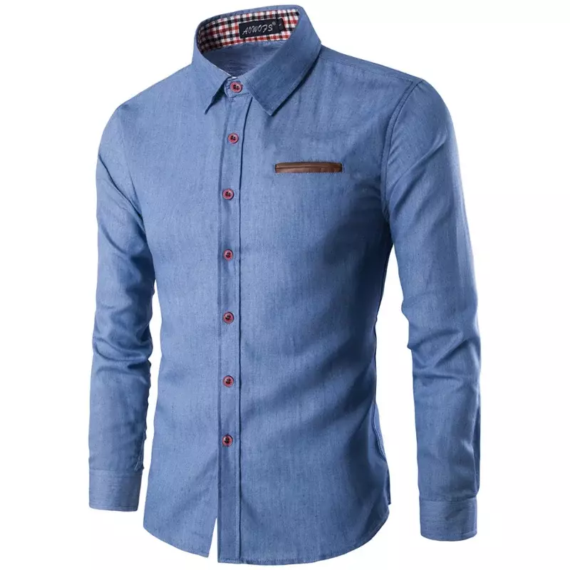 Camisas jeans de manga comprida masculina, gola virada para baixo, camisas de botão, tops formais finos, roupas casuais, primavera, outono, venda quente