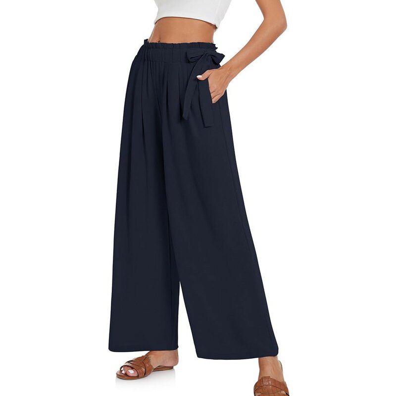 กางเกงลำลองขากว้างของผู้หญิงกางเกงชายหาดเอวสูงมีกระเป๋าผูกเชือกด้านข้างทรงหลวมน้ำหนักเบา