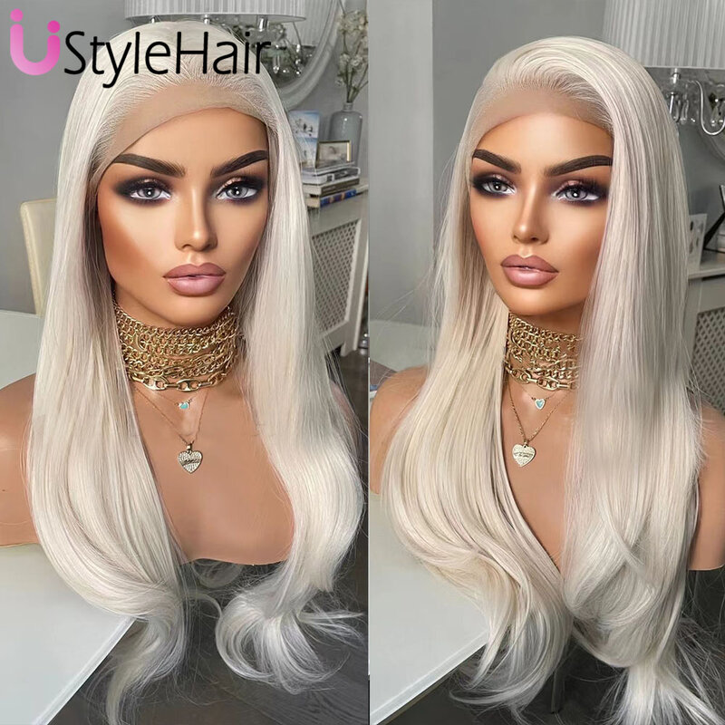 UStyleHair Platinum Blonde Lace Front Wig Natural Wave Synthetic Hair Daily Use Glueless Platinum Wigs Cosplay Party Drag Queen