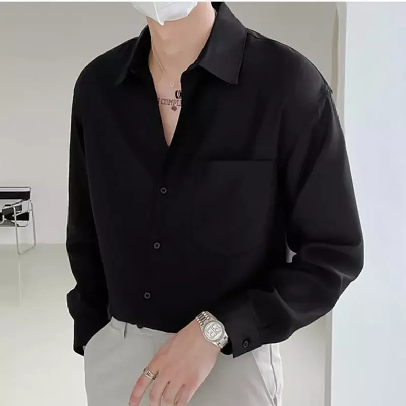 Blusa informal de manga larga para hombre, camisa holgada y drapeada de Color sólido, Top que combina con todo, moda de primavera y otoño