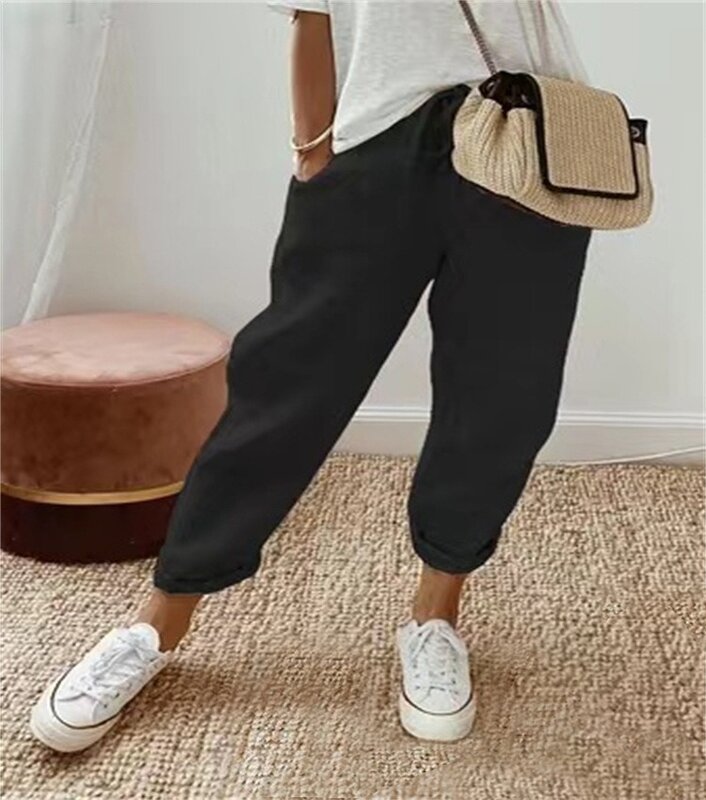 Celana katun Linen wanita Vintage, celana pensil longgar kasual warna Solid dengan saku bawah tinggi musim panas