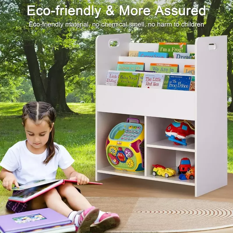 Estantería con eslinga para niños, gabinete de almacenamiento de juguetes de madera, 2 en 1, con estantes y 3 cubos de diferentes tamaños